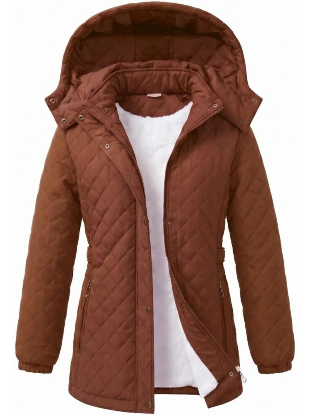 Cozy Women's Long Fleece Lined Winter Coat - Diamond Quilted Warm Jacket, Hooded